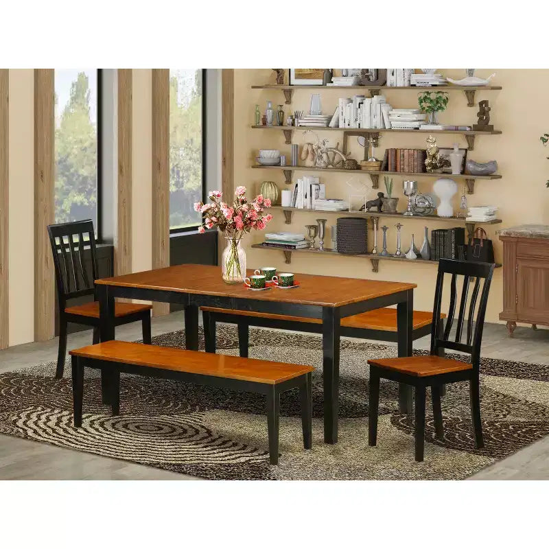 Set da pranzo 5 pezzi - Tavolo da pranzo con allunga e 4 sedie/panche - Finitura ciliegio nero