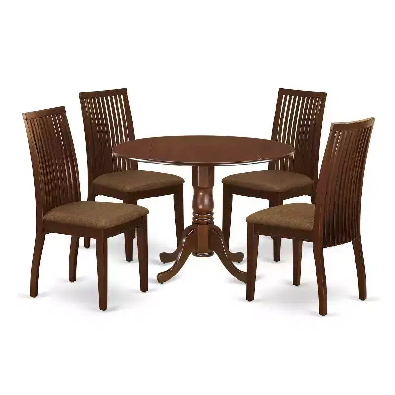 HomeStock 5-Piece Round Mahogany Finish Solid Wood Top Dining table with 4 Chairs with Drop Leaf