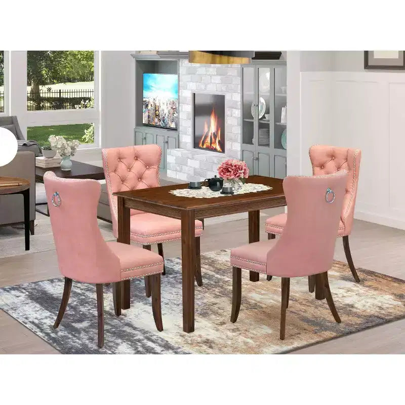 Set da pranzo rettangolare a 5 pezzi - Piano in legno massello con finitura noce antico - 4 posti