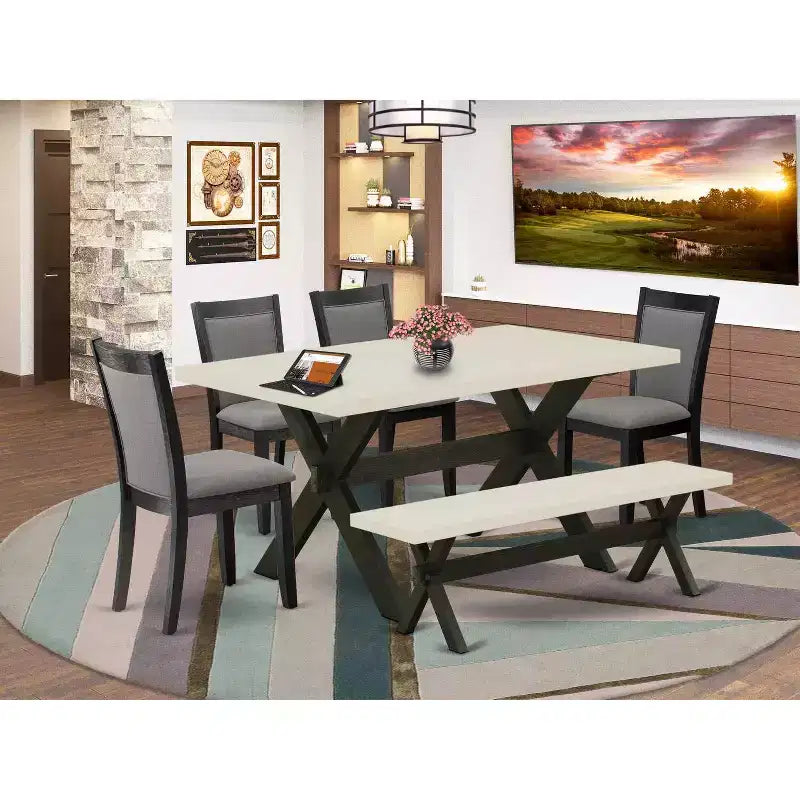HomeStock Tavolo da Pranzo Rettangolare da 6 Pezzi in Legno Massello Finitura Rovere Naturale con 1 Panca e 4 Sedie Imbottite