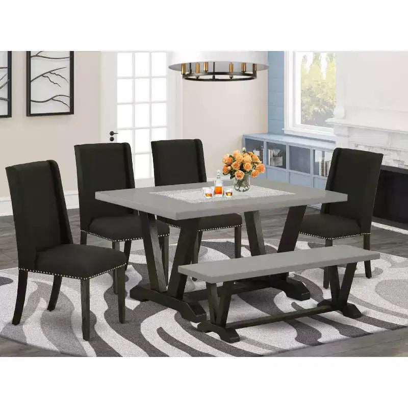 HomeStock Tavolo da Pranzo Rettangolare 6 pz con Finitura Rovere Naturale, Piano in Legno Massello, 1 Panca, 4 Sedie Imbottite