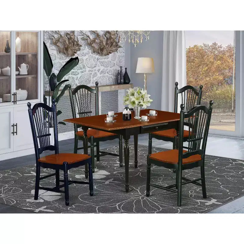 Set da pranzo 5 pezzi in legno massello con finitura nera e color ciliegio - 4 posti
