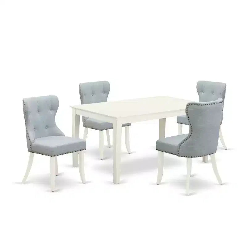 5-Piece Linen White Finish Solid Wood Top - Dining Room Set Seats-4