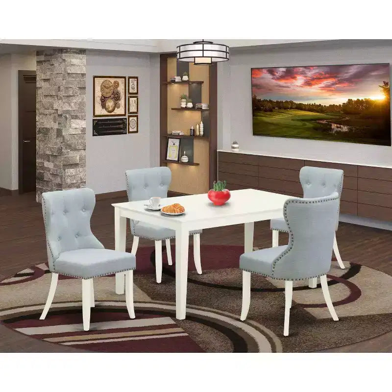 Set Sala da Pranzo 5 Pezzi, Top in Legno Massello Finitura Bianco Lino - 4 Posti a Sedere