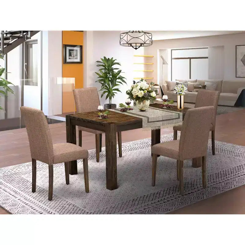HomeStock Set da Pranzo 5 Pezzi, Rettangolare, in Legno Massello con Finitura Marrone Naturale, Top Tappezzato - Posti a Sedere per 4