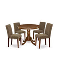 Round Dining Set 5pc - 36 Table & 4 Chairs - Linen Fabric, Mahogany Legs - Elegant Dining Room Furniture