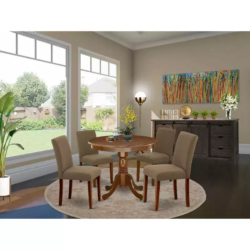 Set da pranzo rotondo 5 pz - Tavolo da 36" e 4 sedie - Tessuto in lino, gambe in mogano - Elegante arredamento per sala da pranzo