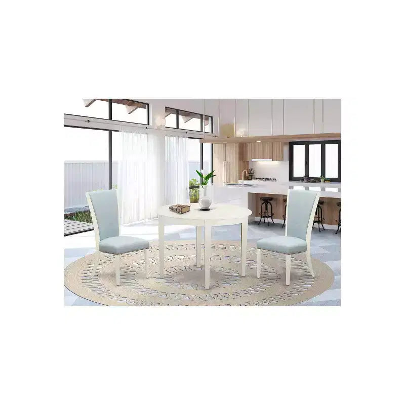Set da pranzo HomeStock 3 pezzi con tavolo rotondo e top in legno massello, finitura lino bianco