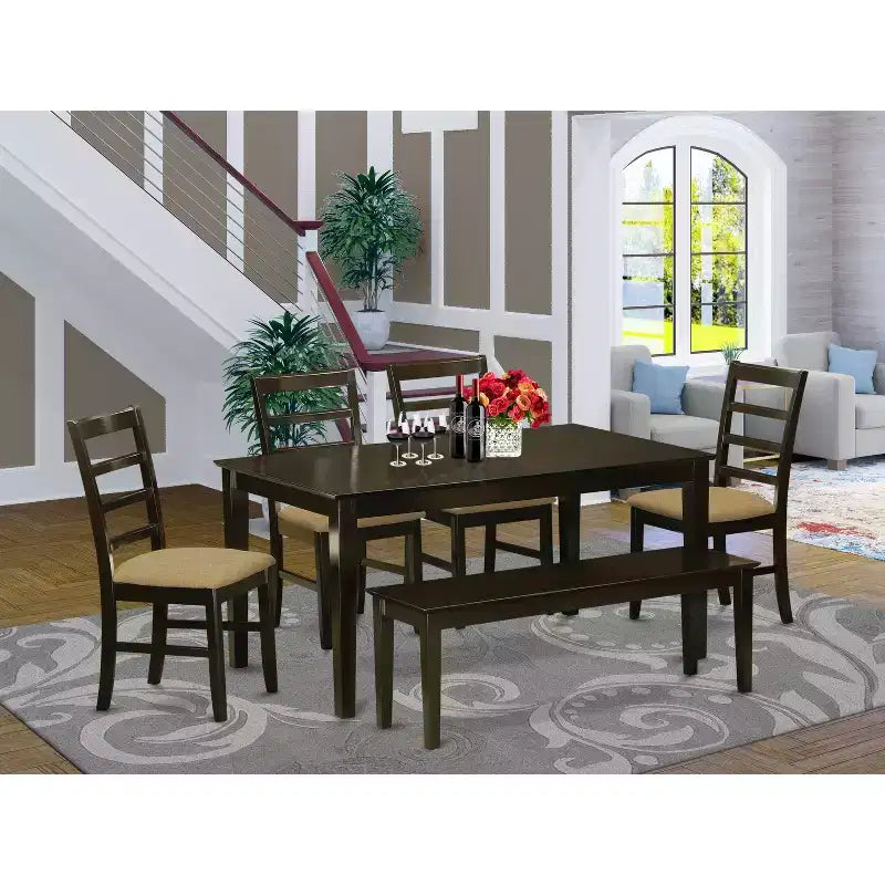 HomeStock Tavolo da Pranzo Rettangolare a 6 Pezzi con Piano in Legno Massello Finitura Cappuccino con 1 Panca, 4 Sedie