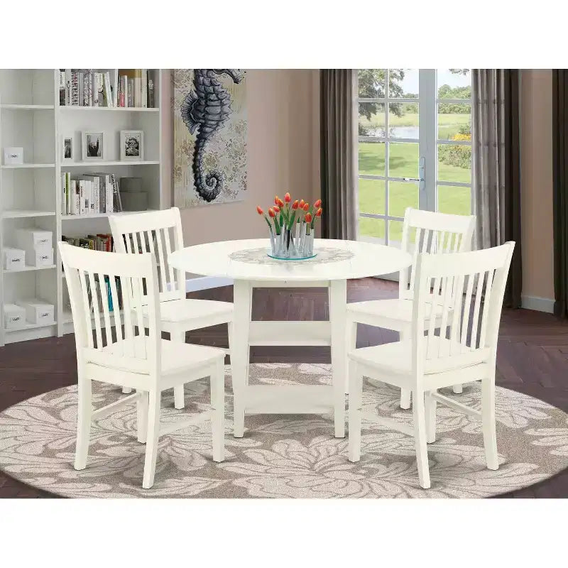 HomeStock Set da Pranzo Rotondo in Legno Massello Finitura Bianco Lino - 5 Pezzi - 4 Posti