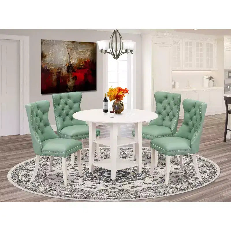 Set da pranzo rotondo con 4 posti, top in legno massello con finitura lino bianco a 5 pezzi e sedie imbottite