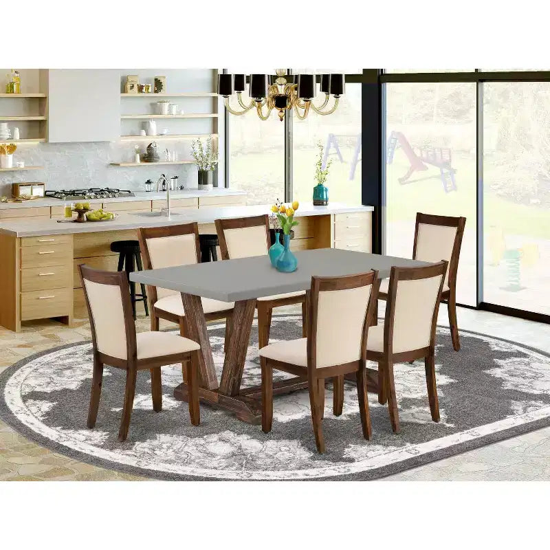 Tavolo da pranzo in legno massiccio HomeStock 7 pezzi con finitura Jacobean anticata e 6 sedie