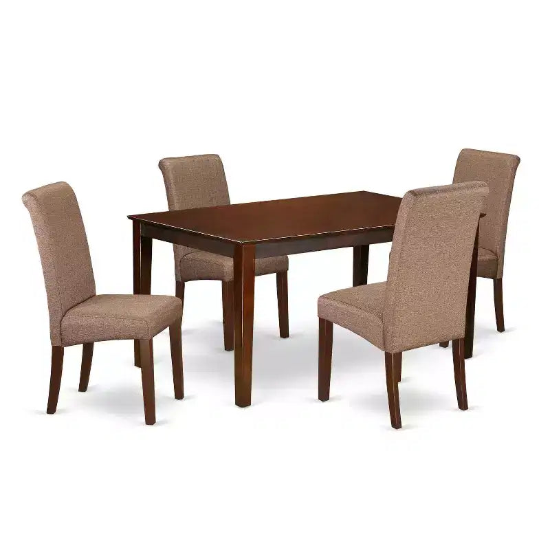 Kitchen Table Set 5 Piece - Linen Brown Fabric Chairs - Mahogany Legs - Dining Room Table