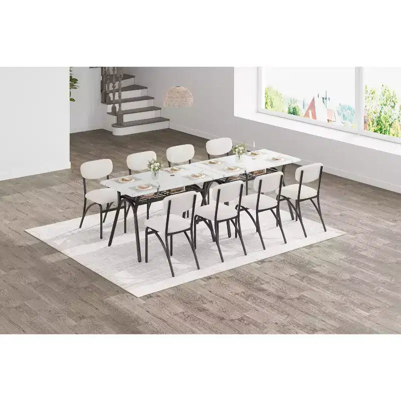 Set da pranzo da 5 pezzi per 4 persone, tavolo da cucina moderno con 4 sedie in bouclé, tavolo da pranzo rettangolare con ripiano portaoggetti per angolo colazione, appartamento
