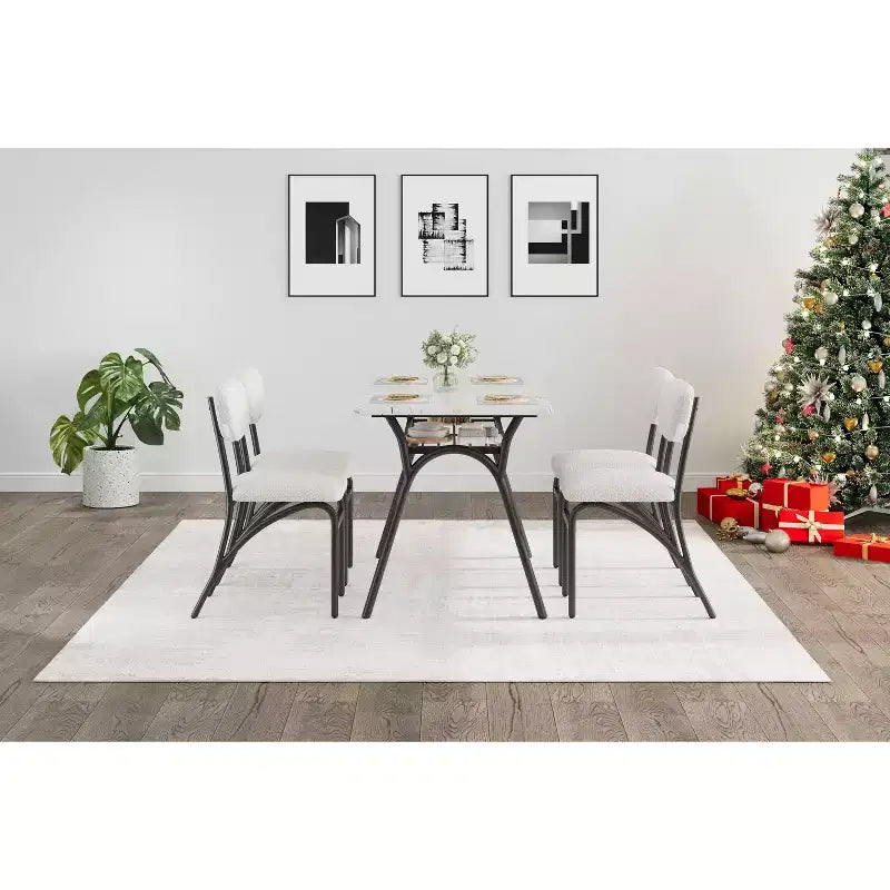 Set da pranzo da 5 pezzi per 4 persone, tavolo da cucina moderno con 4 sedie in bouclé, tavolo da pranzo rettangolare con ripiano portaoggetti per angolo colazione, appartamento