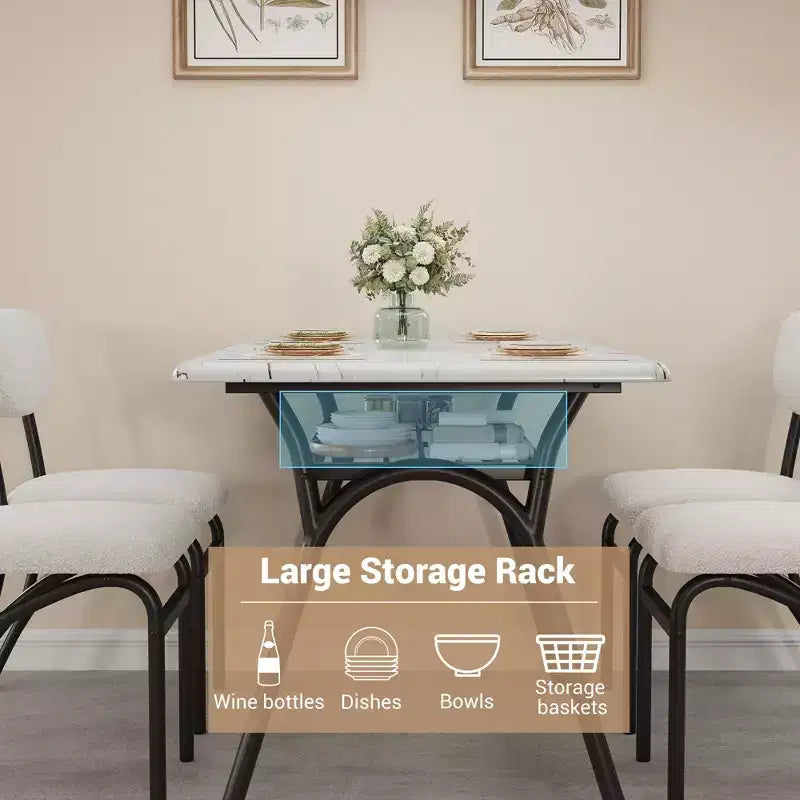 Set da pranzo da 5 pezzi per 4 persone, tavolo da cucina moderno con 4 sedie in bouclé, tavolo da pranzo rettangolare con ripiano portaoggetti per angolo colazione, appartamento