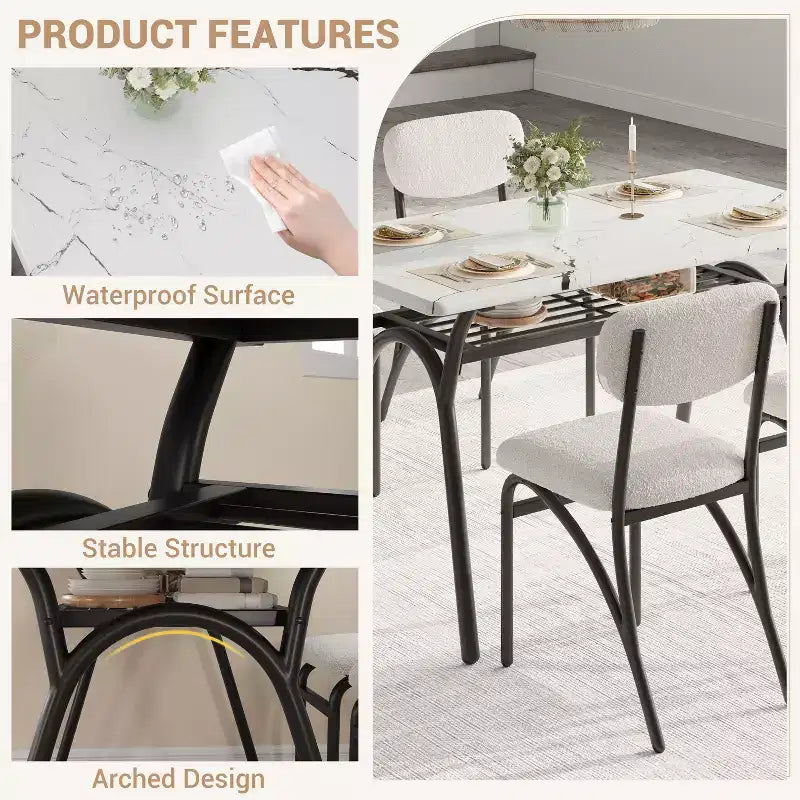Set da pranzo da 5 pezzi per 4 persone, tavolo da cucina moderno con 4 sedie in bouclé, tavolo da pranzo rettangolare con ripiano portaoggetti per angolo colazione, appartamento
