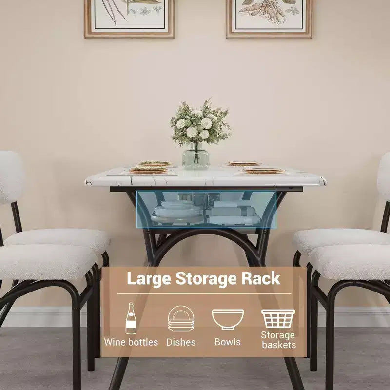 Set da pranzo da 5 pezzi per 4 persone, tavolo da cucina moderno con 4 sedie in bouclé, tavolo da pranzo rettangolare con ripiano portaoggetti per angolo colazione, appartamento