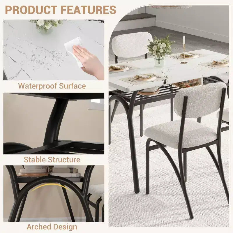 Set da pranzo da 5 pezzi per 4 persone, tavolo da cucina moderno con 4 sedie in bouclé, tavolo da pranzo rettangolare con ripiano portaoggetti per angolo colazione, appartamento