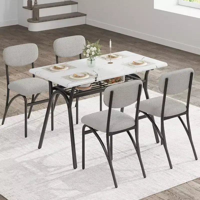 Set da pranzo da 5 pezzi per 4 persone, tavolo da cucina moderno con 4 sedie in bouclé, tavolo da pranzo rettangolare con ripiano portaoggetti per angolo colazione, appartamento