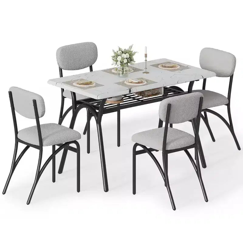 5-Piece Dining Table Set for 4, Modern Kitchen Table with 4 Boucle Chairs, Rectangular Dining Table with Storage Shelf for Breakfast Nook, Apartment