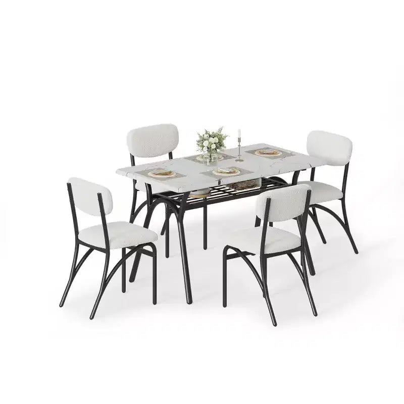 Set da pranzo da 5 pezzi per 4 persone, tavolo da cucina moderno con 4 sedie in bouclé, tavolo da pranzo rettangolare con ripiano contenitore per angolo colazione, appartamento
