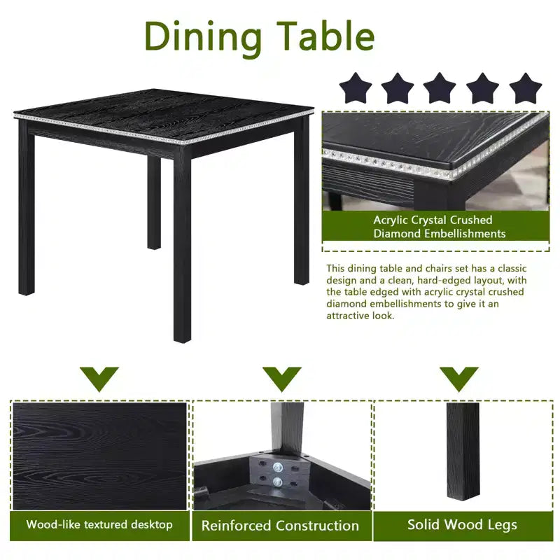 CLIHOME Set da pranzo in legno di 5 pezzi, set da tavolo con decorazione in cristallo per cucina con tavolo quadrato e 4 sedie imbottite
