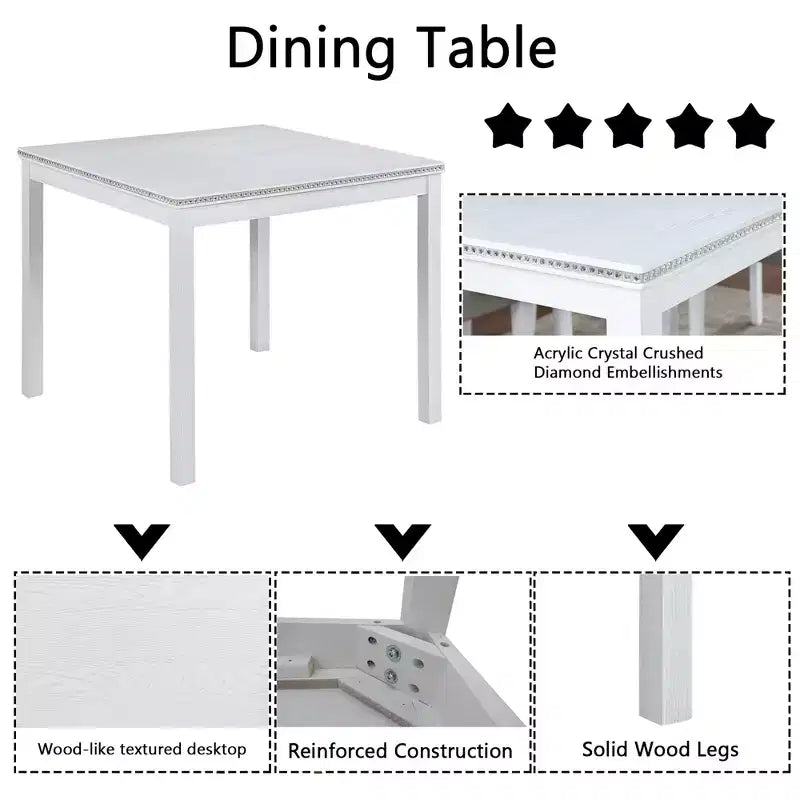 CLIHOME Set da pranzo in legno di 5 pezzi, set da tavolo con decorazione in cristallo per cucina con tavolo quadrato e 4 sedie imbottite