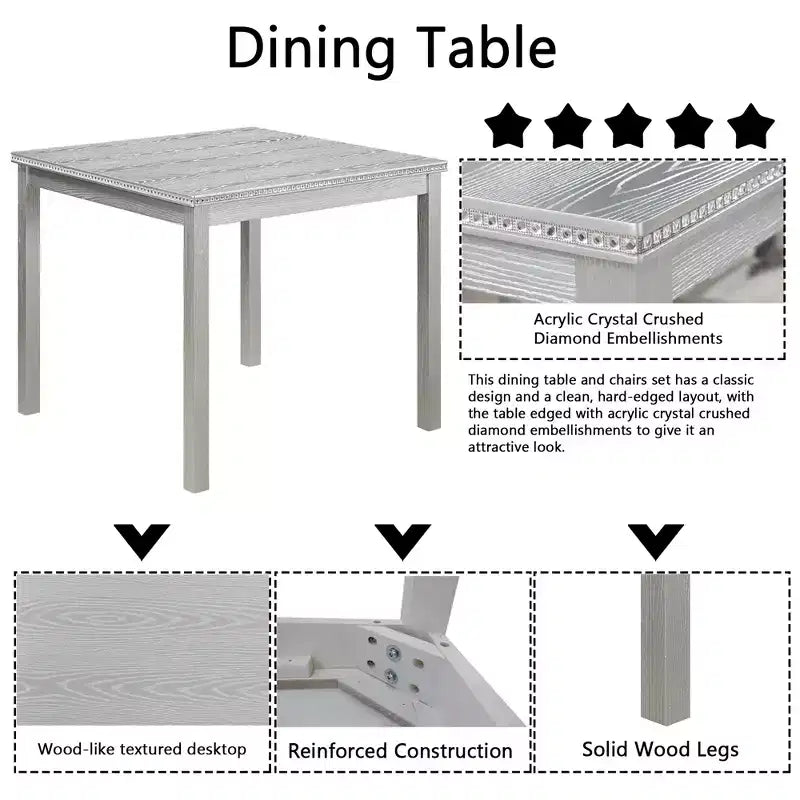 CLIHOME Set da pranzo in legno di 5 pezzi, set da tavolo con decorazione in cristallo per cucina con tavolo quadrato e 4 sedie imbottite