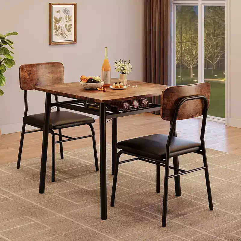 3-teiliges Esszimmertisch-Set für 2 Personen, Küche aus Holz, kleiner Küchentisch, gepolsterte Stühle und Metallgestell, für kleine Räume, Wohnung