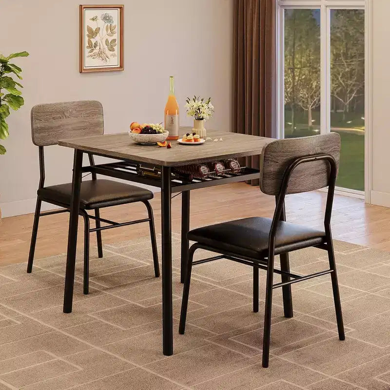 3-teiliges Esszimmertisch-Set für 2 Personen, Küche aus Holz, kleiner Küchentisch, gepolsterte Stühle und Metallgestell, für kleine Räume, Wohnung