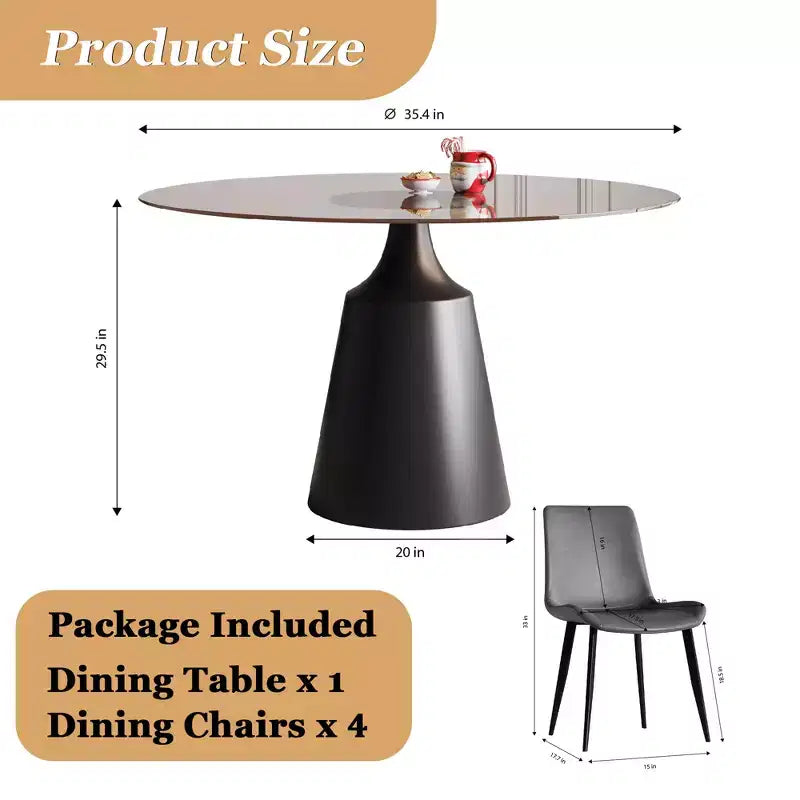 GDFStudio Zephyr, set sala da pranzo moderno da 5 pezzi con tavolo rotondo in vetro temperato e sedie rivestite in similpelle