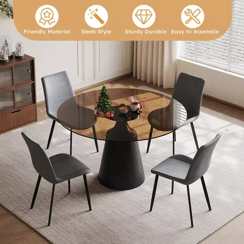 GDFStudio Zephyr, set sala da pranzo moderno da 5 pezzi con tavolo rotondo in vetro temperato e sedie rivestite in similpelle
