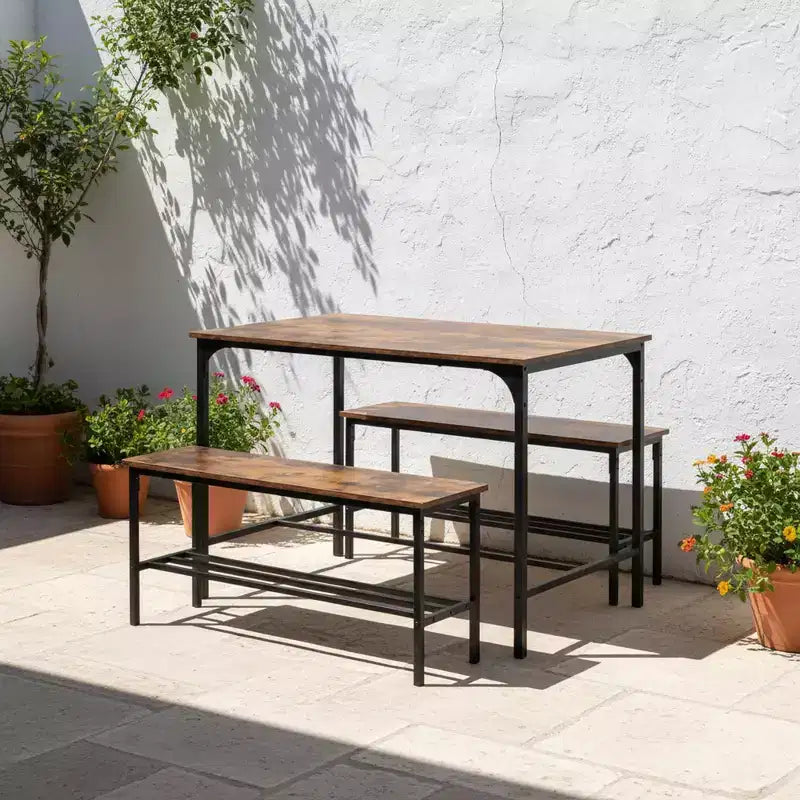 Set tavolo da pranzo salvaspazio Homy Casa da 3 pezzi con struttura in metallo, piano in legno ingegnerizzato, marrone