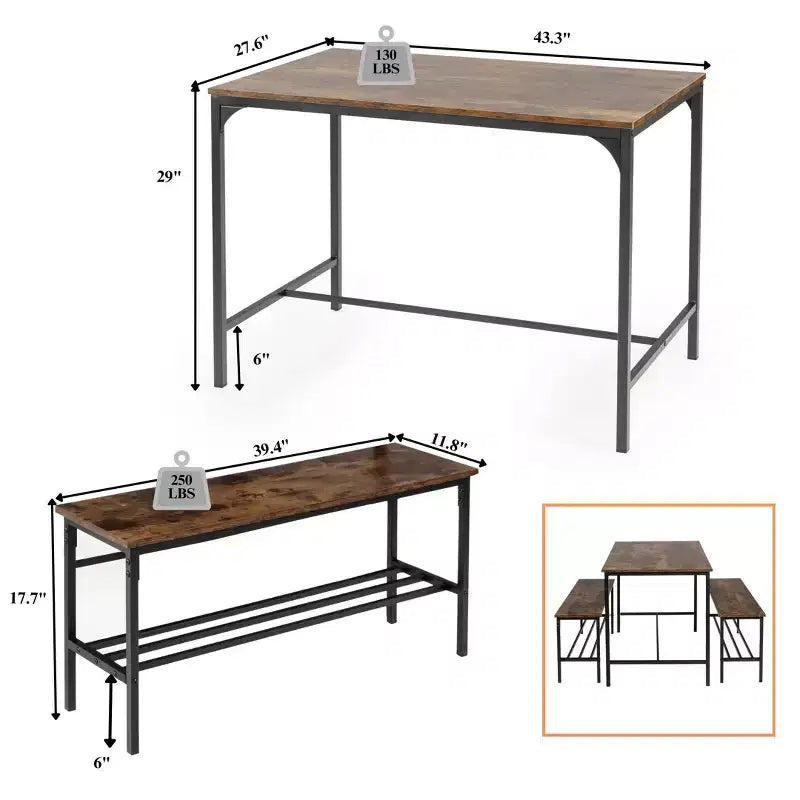 Set tavolo da pranzo salvaspazio Homy Casa da 3 pezzi con struttura in metallo, piano in legno ingegnerizzato, marrone