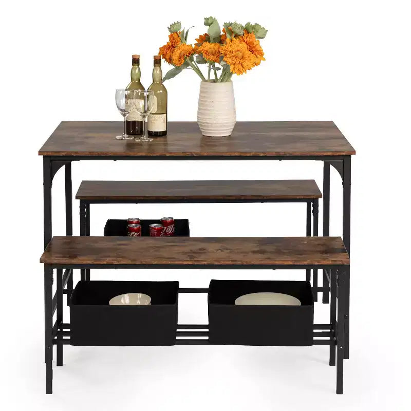 Set tavolo da pranzo salvaspazio Homy Casa da 3 pezzi con struttura in metallo, piano in legno ingegnerizzato, marrone