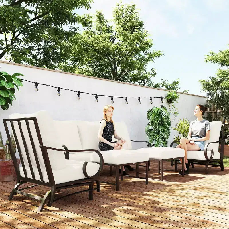 Set di mobili da giardino da 5 pezzi, set di mobili da esterno con 2 sedie a dondolo, divano a 3 posti e 2 pouf