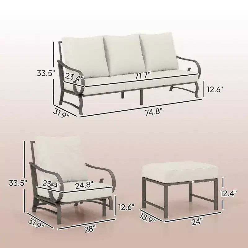 Set di mobili da giardino da 5 pezzi, set di mobili da esterno con 2 sedie a dondolo, divano a 3 posti e 2 pouf