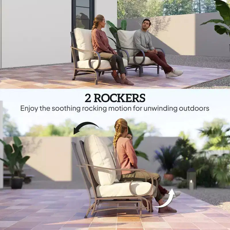 Set di mobili da giardino da 5 pezzi, set di mobili da esterno con 2 sedie a dondolo, divano a 3 posti e 2 pouf