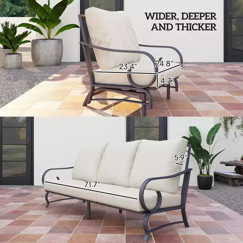 Set di mobili da giardino da 5 pezzi, set di mobili da esterno con 2 sedie a dondolo, divano a 3 posti e 2 pouf