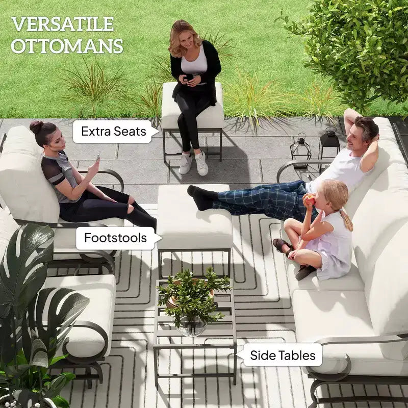Set di mobili da giardino da 5 pezzi, set di mobili da esterno con 2 sedie a dondolo, divano a 3 posti e 2 pouf