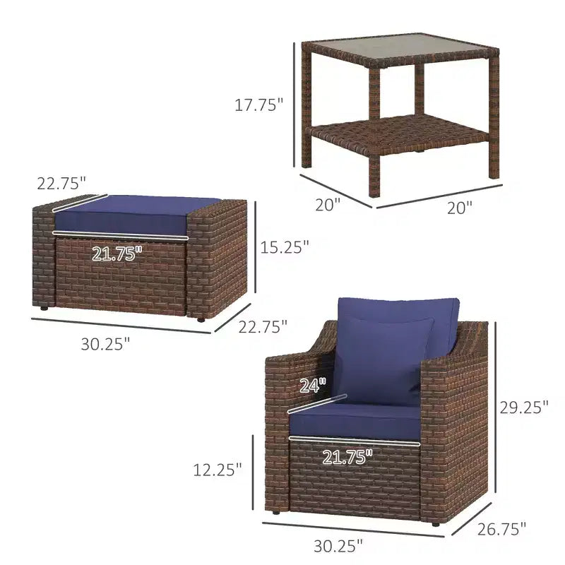 Set di mobili da patio da 5 pezzi, set di sedie e poggiapiedi da conversazione in rattan PE per tutte le stagioni con tavolo e cuscini
