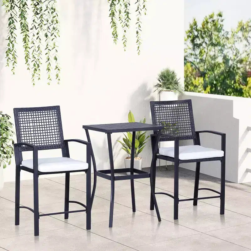 Set da bar da esterno 3 pezzi con cuscino morbido, set di mobili da esterno in vimini rattan per cortili, prati, ponti