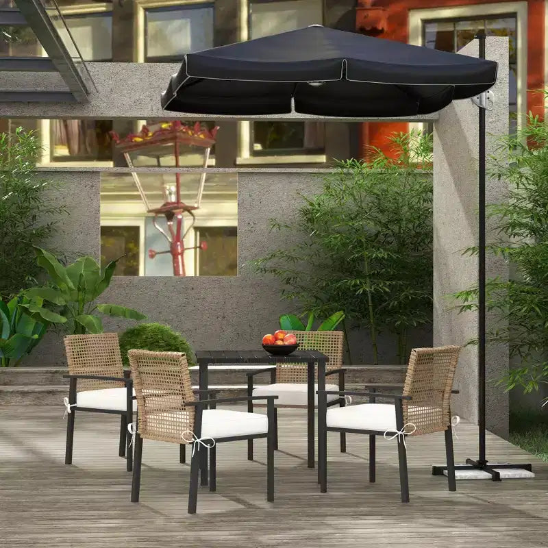 Set da pranzo da esterno 5 pezzi per 4 persone, Set mobili da giardino in rattan sintetico, Set tavolo e sedie da patio con cuscini, Tavolo quadrato con piano in metallo