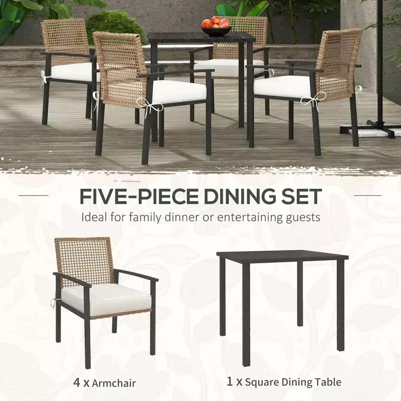 Set da pranzo da esterno 5 pezzi per 4 persone, Set mobili da giardino in rattan sintetico, Set tavolo e sedie da patio con cuscini, Tavolo quadrato con piano in metallo