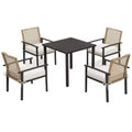 5 Pieces Outdoor Dining Set for 4, Wicker Rattan Patio Furniture Set, Patio Table and Chairs Set with Cushions, Square Metal Table Top