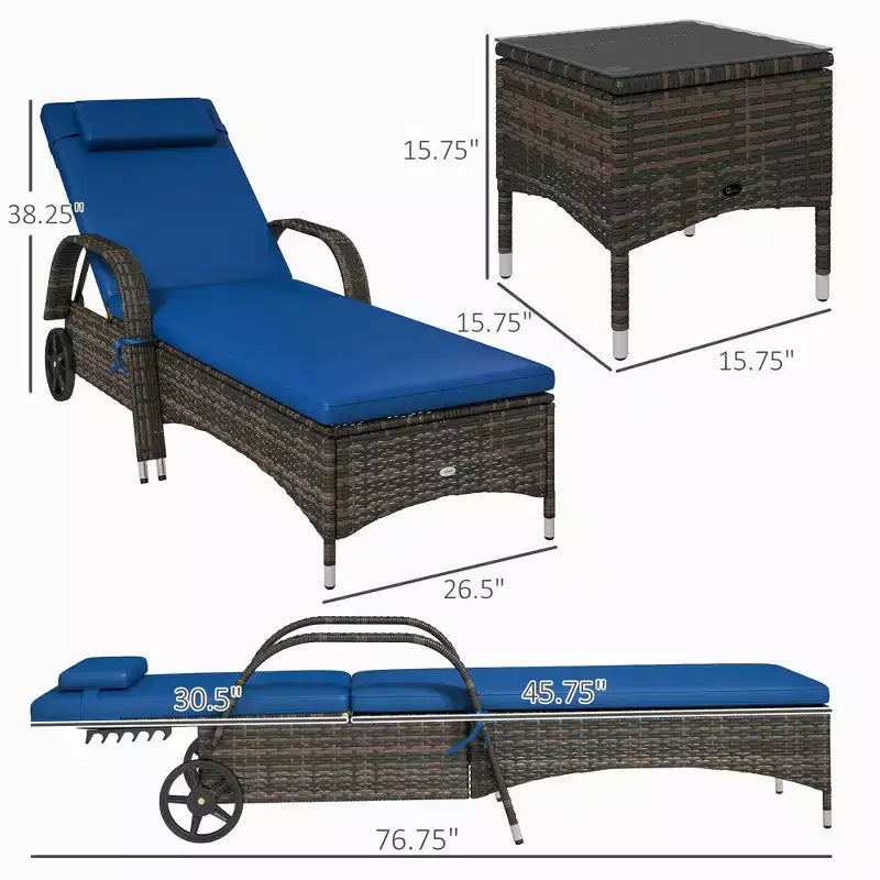 Set di 2 sedie a sdraio in vimini per patio con tavolino, schienale regolabile, ruote, cuscino e poggiatesta