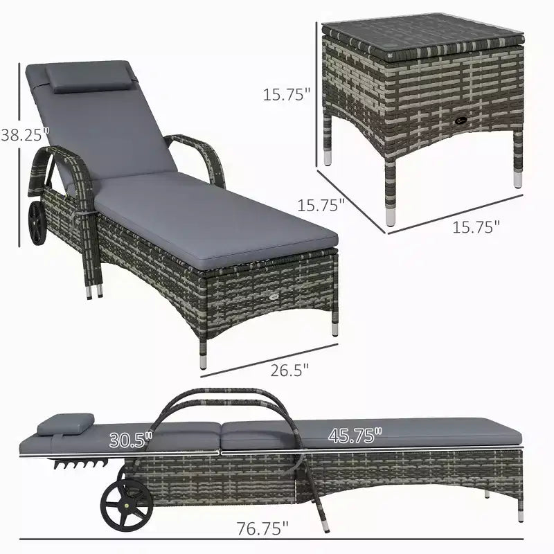 Set di 2 sedie a sdraio in vimini per patio con tavolino, schienale regolabile, ruote, cuscino e poggiatesta