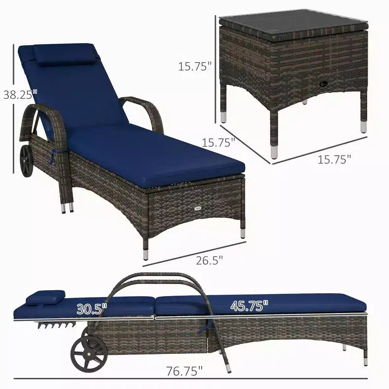Set di 2 sedie a sdraio in vimini per patio con tavolino, schienale regolabile, ruote, cuscino e poggiatesta