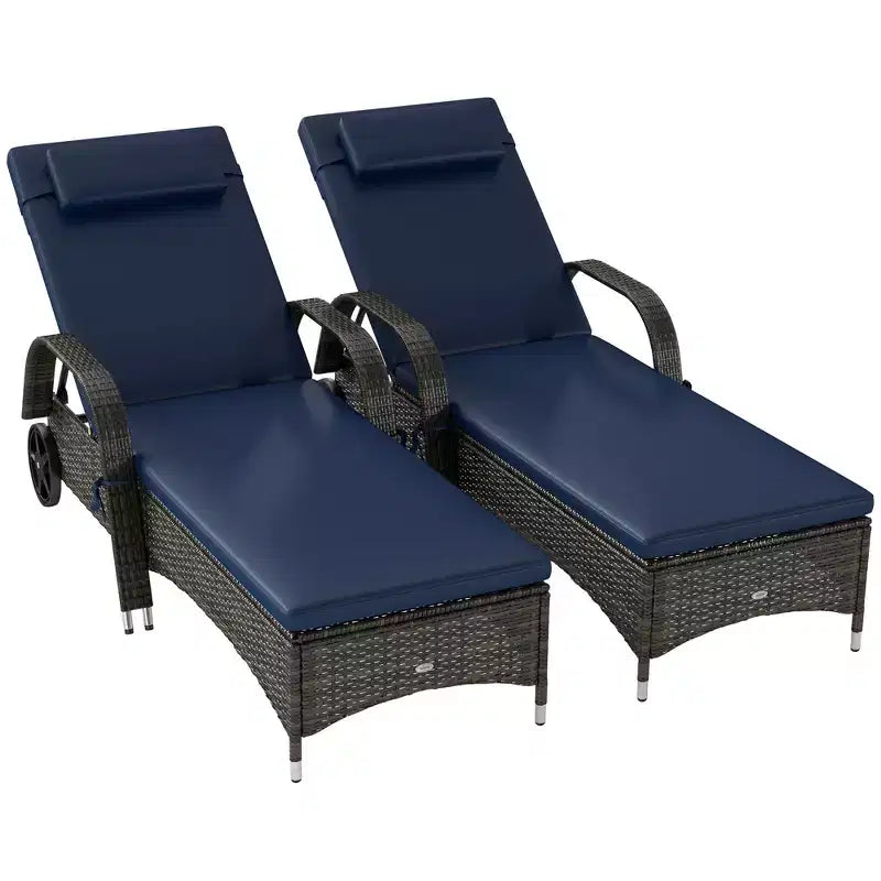 2 Reclining Chaise Lounge Chairs, Rolling Outdoor Chairs with Cushion, Pillow, Headrest, Armrests, and Wheels